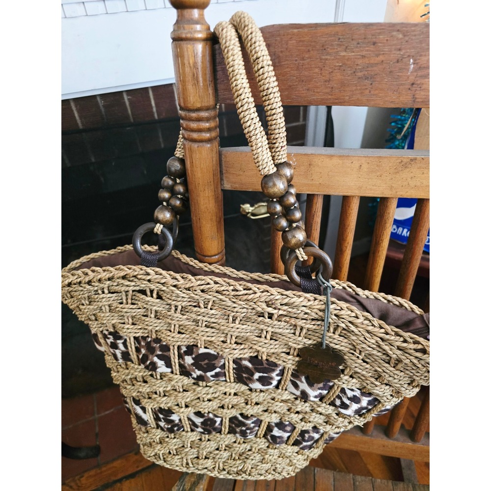 Magid Woven Straw Tote Bag Leopard Print Fabric Panels Wooden Beads Ring Handles - Picture 5 of 9